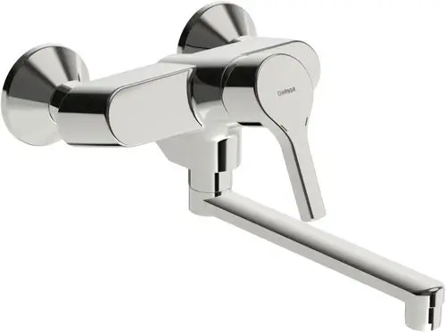 Einhebelmischer in Chrom von Hansa mit seitlichem Hebel und geradem Auslauf, geeignet für Waschbecken oder Kücheninstallationen.